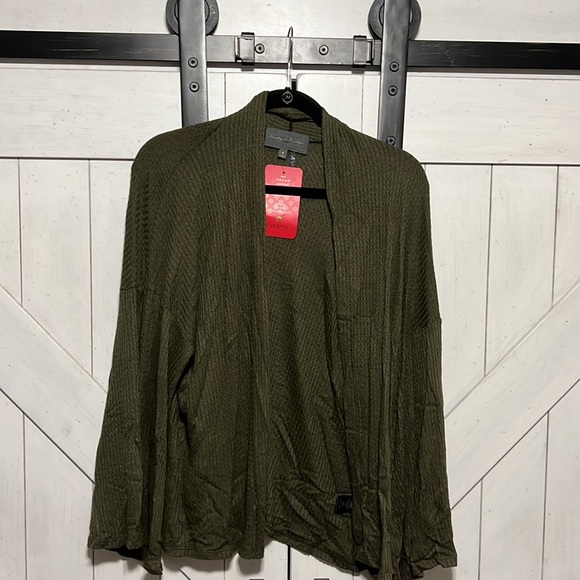 Olive green ever eve waffle knit open front cardigan - Picture 4 of 7